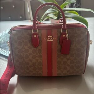 Coach Brown and Red Signature Canvas Satchel